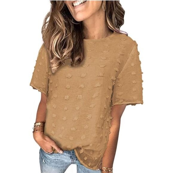 Women's Swiss Dot Casual Summer Tops Short Sleeve Crewneck Chiffon Blouses Cute - Picture 1 of 6